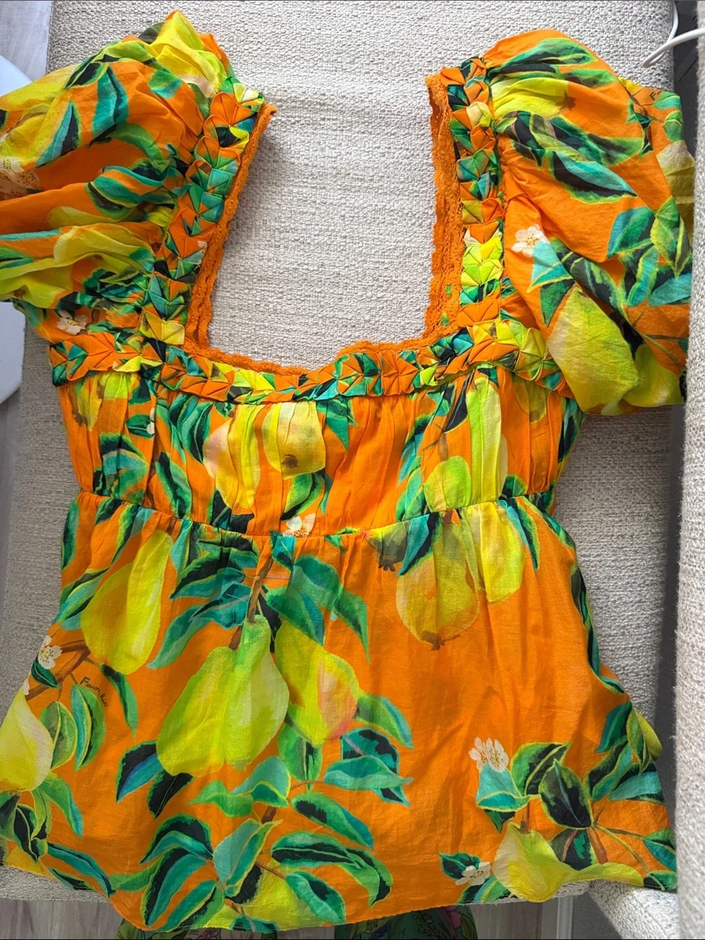FARM Rio Orange Pear-Print Puff Sleeve Top